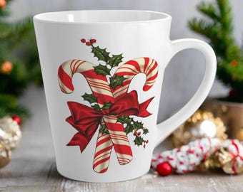 Candy Canes Retro Christmas Mug Red Bow Holly Latte Ceramic Coffee Cup Unique Cozy Cute Winter Holiday Vintage Midcentury Gift For Her Him