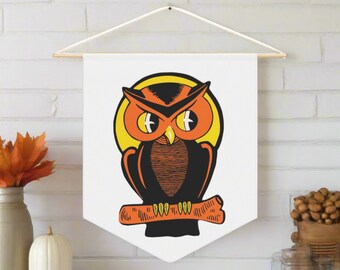 Pennant Banner, Halloween Wall Hanging, Orange Owl Retro Vintage Home Decor, Spooky Cute Gift For Friend, Halloween Decoration, Unique Flag