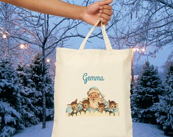 Canvas Tote Bag, Retro Midcentury Christmas Print Santa with Reindeer, Blue Christmas Personalized Name, Holiday Gift Bag, Festive Shopping