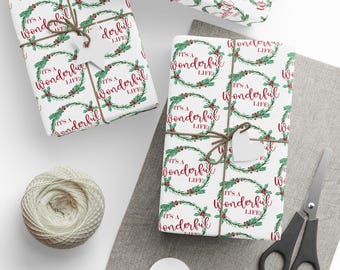 Christmas Wreath Wrapping Papers, Glossy Matte Holiday Gift Wrap, Retro Style, It's A Wonderful Life