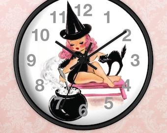 Pink Witch Black Cat Retro Midcentury Halloween Fall Wall Clock, Vintage Kitchen Decor, Cute Gothic Home Office Art, Unique Spooky Holiday