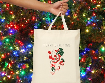 Merry Christmas Cotton Canvas Tote Bag, Eco-Friendly Gift Bag, Holiday Shopping Tote, Reusable Christmas Gift, Festive Bag Santa Claus Gift