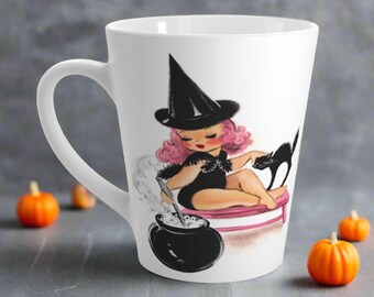 Halloween Latte Coffee Mug Pink Witch Black Cat Cauldron Retro MidCentury Vintage Ceramic Coffee Cup Unique Cute Spooky Cute Gift For Friend