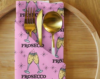 Prosecco Napkin Set, Retro Pink Table Decor, Midcentury Atomic Champagne Glasses, Brunch & Bar Linens, Set of 4 Cloth Napkins, Eco Fabric