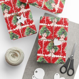 Christmas Tree Hat Lady Wrapping Papers - Glossy or Matte Retro Holiday Gift Wrap, Mid Century Print, Christmas Decor, Festive Paper, Kitsch