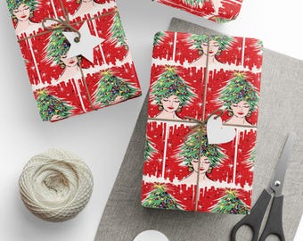 Christmas Tree Hat Lady Wrapping Papers - Glossy or Matte Retro Holiday Gift Wrap, Mid Century Print, Christmas Decor, Festive Paper, Kitsch