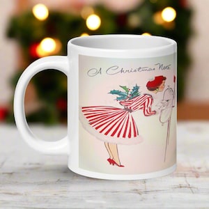 Tazza di Natale con agrifoglio che controlla la cassetta della posta, stile retrò vintage di metà secolo, tazza da caffè in ceramica lucida, unica, accogliente e carina, regalo per un amico.