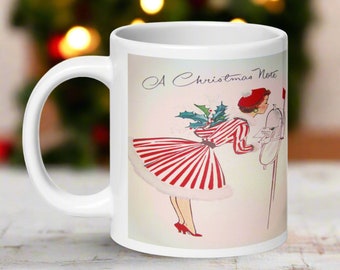 Vintage Christmas Mug: Mid-Century Woman with Holly at Mailbox