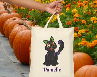 Cute Black Cat Tote Bag, Personalized Eco-Friendly Bag, Custom Trick-or-Treat Bag, Halloween Gift, Tote for Book Lovers, Cute Cat Accessory
