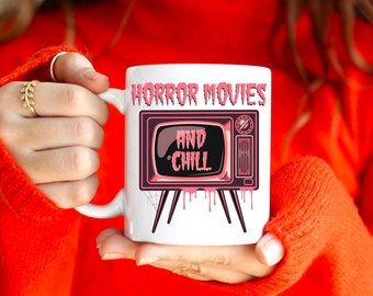 Halloween Mug Horror Movies And Chill Retro Style Television Ceramic Coffee Cup Unique Spooky Cute Gothic Gift For Him Her Friend Kitchen TV