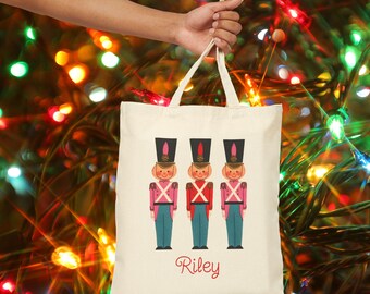 Personalized Nutcracker Cotton Canvas Tote Bag, Toy Soldier Holiday Gift, Reusable Shopping Bag Eco-Friendly Tote Custom Name Bag Christmas