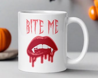 Bite Me Vampire Halloween Mug Bloody Lips Fangs Ceramic Glossy Coffee Cup Unique Gothic Spooky Cute Gift For Her Him Friend Hot Tea Drink