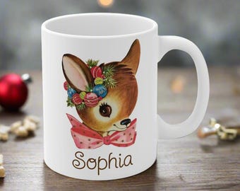 Personalized Christmas Mug – Midcentury Reindeer with Pink Bow, Gold Stars & Ornaments, Christmas Decor, Custom Name Mug | Cozy Beverage Cup