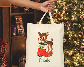 Personalized Holiday Tote Bag, Cute Reindeer Design for Christmas Gifts, Eco-Friendly Shopping, Gift Bag, Festive Custom Christmas Tote