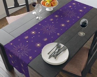 Tarot Celestial Gold Sun Stars Purple Table Runner, Tarot Inspired Home Decor, Cotton Poly Table Runner, Astrology Table Linens, Witchy Home