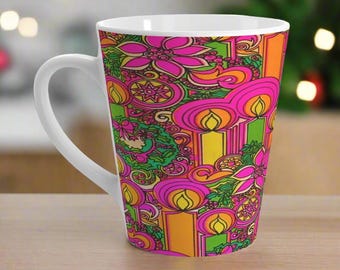 Latte Coffee Mug - Christmas Mug Christmas Candles Wreaths Retro Mod Print Latte Coffee Mug  Latte Cup