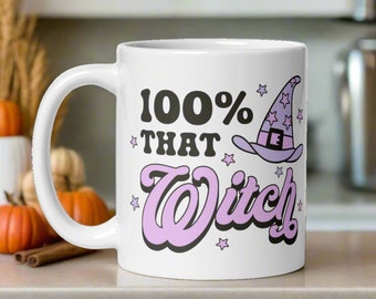 Halloween Mug 100% That Witch Ceramic Coffee Cup Witchy Celestial Unique Spooky Cute Gothic Pastel Gift For Her Friend Kitchen Decor