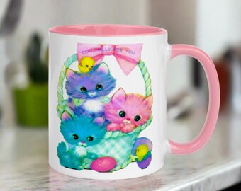 Spring Mug Easter Basket Baby Chicks Kittens Ceramic Coffee Cup Retro Vintage Easter Kitsch Cute Gift For Her Friend Kitchen Decor