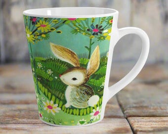 Easter Bunny Latte Coffee Mug Spring Rabbit Ceramic Tea Cup Unique Cozy Cute Gift For Her Him Mod Retro Vintage Flowers Drink Glass Decor