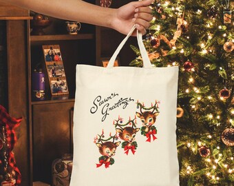Christmas Cotton Canvas Tote Bag Season's Greetings Three Retro Reindeer Midcentury Vintage Artwork Holiday Shopping Bag Festive Gift Cute