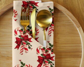 Christmas Cloth Napkin Set Of Four Retro Midcentury Candy Canes Holly Festive Cozy Cute Winter Holiday Table Decor Party Host Dining Kitchen