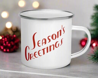 Season's Greetings Retro Christmas Mug Season's Midcentury Vintage Enamel Metal Hot Chocolate Camping Mug Unique Cozy Cute Gift For Child