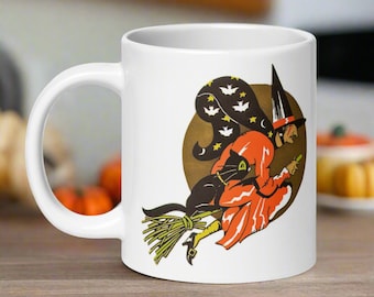 Halloween Mug Gold Moon Flying Halloween Witch Black Cat Retro Vintage Ceramic Coffee Cup Unique Spooky Cute Gift For Friend Her Bats Stars