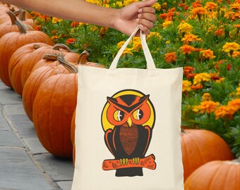 Retro Halloween Owl Tote Bag, Eco-Friendly Shopping Bag, Cute Owl Art, Sustainable Canvas Tote Midcentury Spooky Cute Gothic Gift For Fall