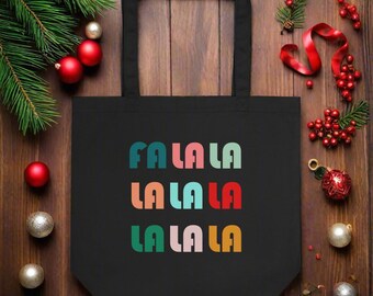 Fa La La Christmas Tote Bag Black Retro Style Eco Cotton Fabric Large Grocery Gift Travel Reusable Books Gift For Her Him Friend Unique Cute
