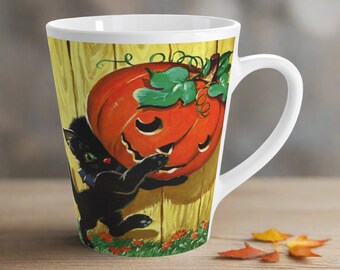Halloween Mug Cute Black Cat Jack O Lantern Retro Halloween Glossy Ceramic Latte Cup Spooky Cute Kitten Unique Gift For Friend Fall Autumn