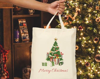 Christmas Retro Midcentury Modern Tree Presents Tote Bag Holiday Shopping Shoulder Bag Gift Basket Decoration Canvas Handbag Unique Cute Her