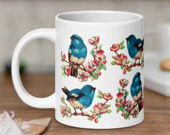 Retro Bluebirds Ceramic Coffee Mug Vintage Bluebirds Cherry Blossoms Floral Cup Unique Cozy Cute Spring Gift Mother's Day Kitchen Drinkware