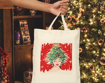 Festive Holiday Cotton Canvas Tote Bag Christmas Gift Eco-Friendly Bag Shopping Tote Cute Xmas Design Retro Christmas Tree Hat Lady Unique
