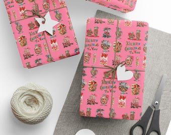 Wrapping Papers, Christmas Candy Pink Mid Century Retro Christmas Print Holiday Gift Wrap Paper - Glossy Or Matte, Holiday Gift Wrap, Kitsch