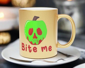 Halloween Mug Bite Me Snow White Evil Queen Poison Apple Gold Metallic Ceramic Cup Spooky Cute Unique Gift For Friend Her Him Kitchen Home
