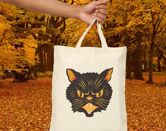 Spooky Black Cat Cotton Tote Bag, Halloween Shopper Bag, Eco-Friendly Grocery Tote, Cat Lover Gift, Fall Festival Essentials Retro Gothic