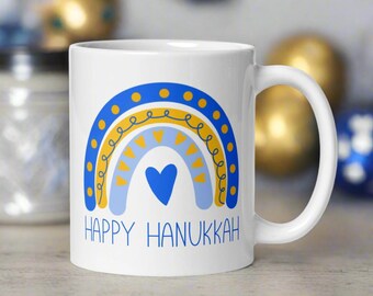 Happy Hanukkah Mug Boho Rainbow Heart Ceramic Coffee Cup Unique Cozy Cute Winter Jewish Holiday Gift For Her Him Friend Drinkware Judaica