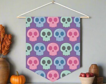 Halloween Wall Hanging Cute Pastel Gothic Skulls Fabric Pennant Banner Flag Unique Spooky Cute Art Fall Autumn Decor Gift For Friend Him Her