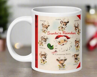 Santa's Reindeer Retro Christmas Mug Storybook Midcentury Vintage Unique Cozy Cute Ceramic Coffee Cup Winter Holiday Kitsch Gift For Her Him