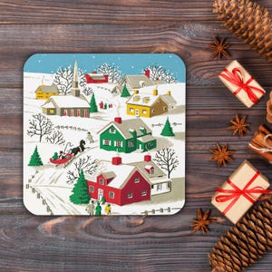 Cute Coaster Christmas Village Coaster Snowy Town Retro Vintage Cork-back Glossy Unique Cozy Cute Table Decor Winter Holiday Gift For Friend