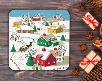 Cute Coaster Christmas Village Coaster Snowy Town Retro Vintage Cork-back Glossy Unique Cozy Cute Table Decor Winter Holiday Gift For Friend