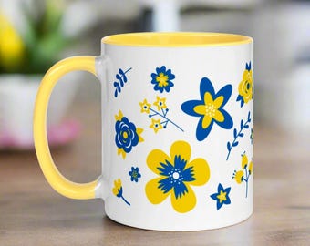 Ukrainian Country Flowers Mug Yellow Lined Ceramic Coffee Cup Hot Tea Drink Unique Cozy Cute Gift For Her Him Friend Kitchen Decor Drinkware