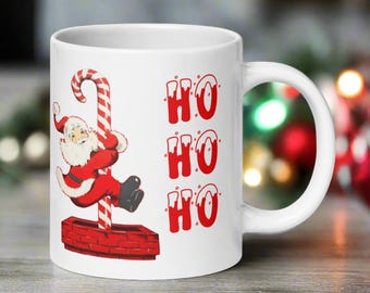 Ho Ho Ho Santa Retro Christmas Mug Sliding Down Candy Cane Chimney Midcentury Retro Vintage Ceramic Glossy Cup Unique Cozy Cute Kitsch Mug