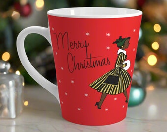 Latte Coffee Mug Merry Christmas Lady Housewife Snowy Stars Retro Vintage Ceramic Cup Unique Cozy Cute Diverse Gift For Her Friend Kitchen