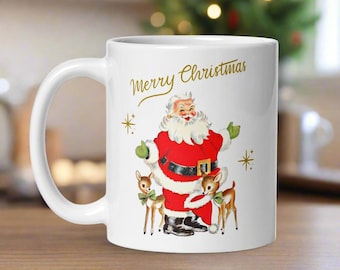 Merry Christmas Santa Reindeer Mug Gold Stars Midcentury Retro Vintage Unique Cozy Cute Winter Holiday Gift For Her Him Ceramic Coffee Cup