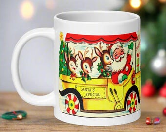 Santa's Special It's Christmas Mug Reindeer Bus Midcentury Retro Vintage Ceramic Cup Unique Cozy Cute Kitsch Winter Holiday Gift For Her Him