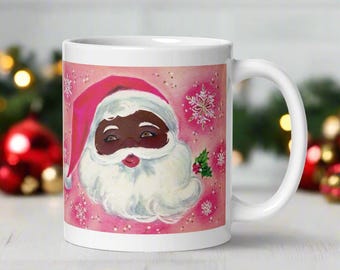 Black Santa Christmas Mug: Pink Midcentury Holiday Coffee Cup