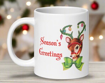 Retro Christmas Mug Season's Greetings Reindeer Tinsel Vintage Midcentury Ceramic Glossy Coffee Cup Unique Cozy Cute Holiday Gift For Friend