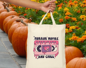 Retro Horror Movies Cotton Canvas Tote Bag, Great for Movie Nights, Eco-Friendly Gift, Halloween, Horror Fan Essential, Travel Bag