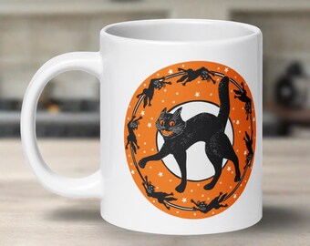 Halloween Mug Black Cats Full Moon Stars Retro Vintage 1950s Spooky Cute Ceramic Coffee Cup Unique Gothic Gift For Friend Kitchen Drinkware